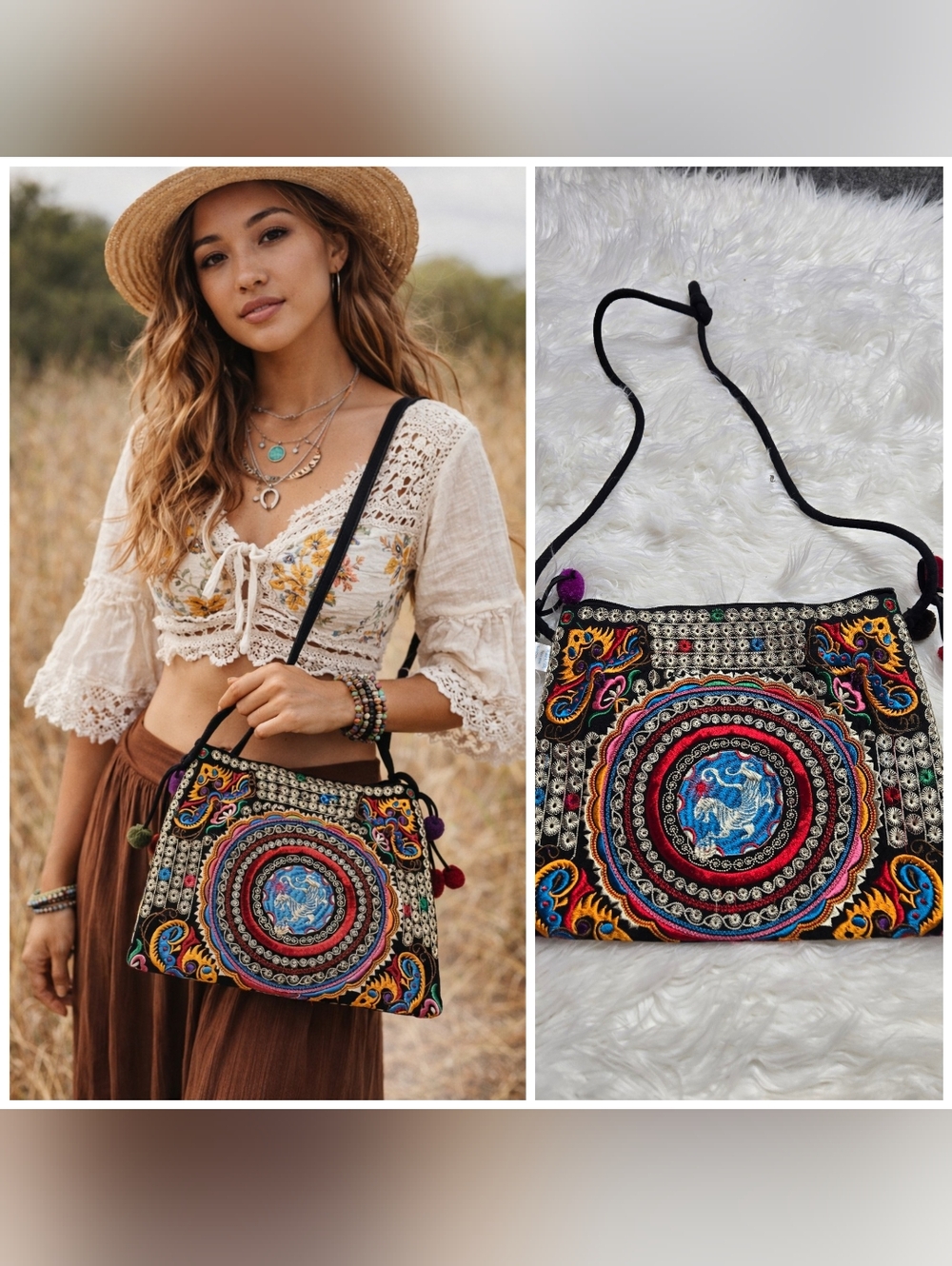 Sam Well Embroidered Bohemian Hippie Colorful Fabric Cross body Purse 11x9